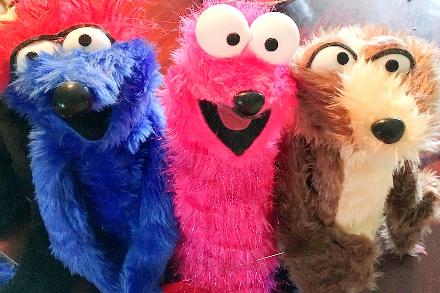 Three fury simple puppets in bright blue, pink and brown.