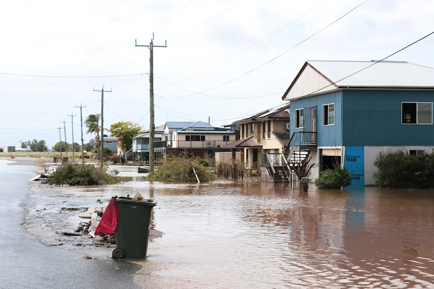 A rubbish bin stands at the edge of water surrounding flooded houses.