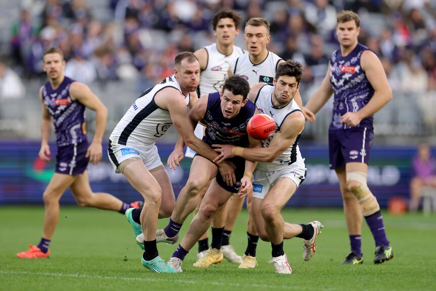 Fremantle player Andrew Brayshaw is tackled by up to four cartlon players as he chases a red AFL ball.