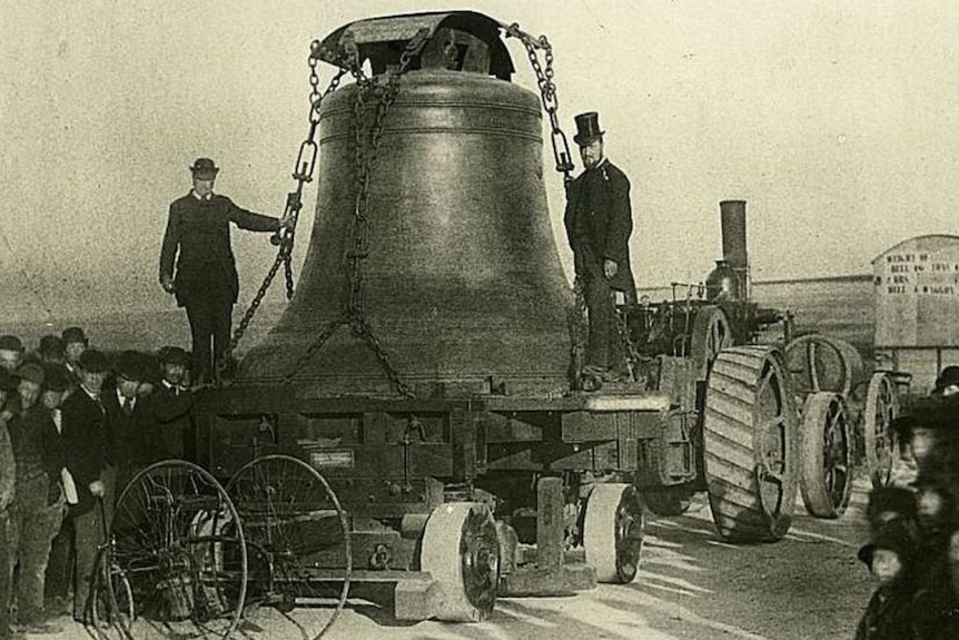 The bell known as Great Paul, loaded on a cart.