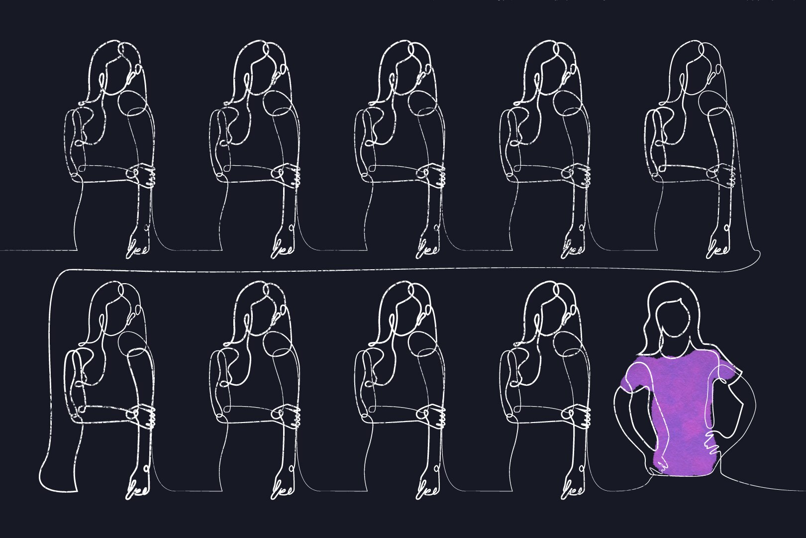 An illustration of 10 identical women, nine of which are coloured, to symbolise 90 per cent.