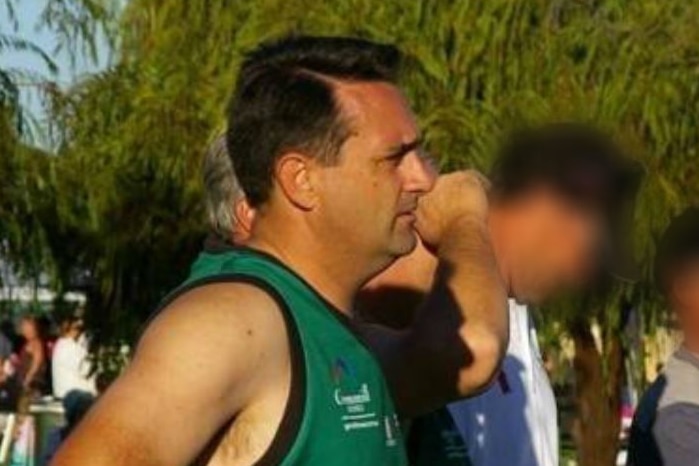 A side-on shot of accused Claremont serial killer Bradley Robert Edwards on the sidelines at a Central Crocs Football Club game.