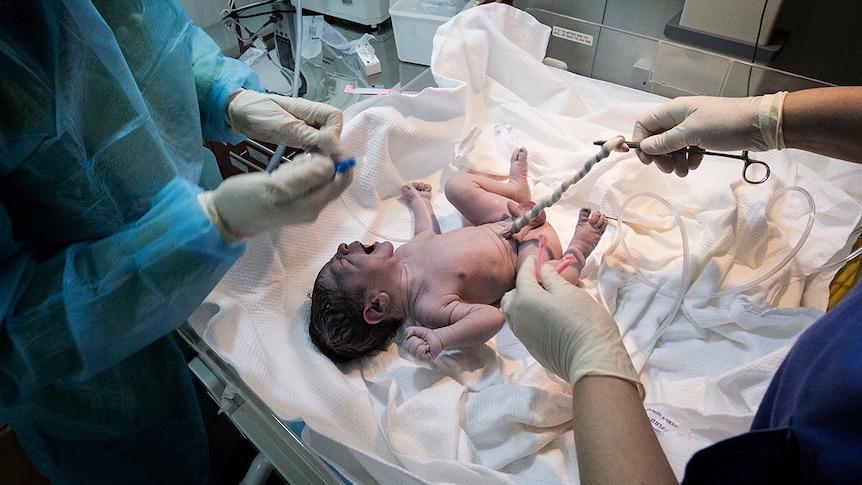 A newborn baby in the Zaatari refugee camp clinic.