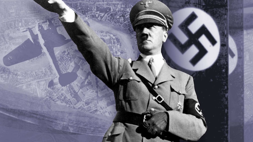Composition of Adolf Hitler saluting in front of a swastika with a aerial view of a blitz bombing raid.