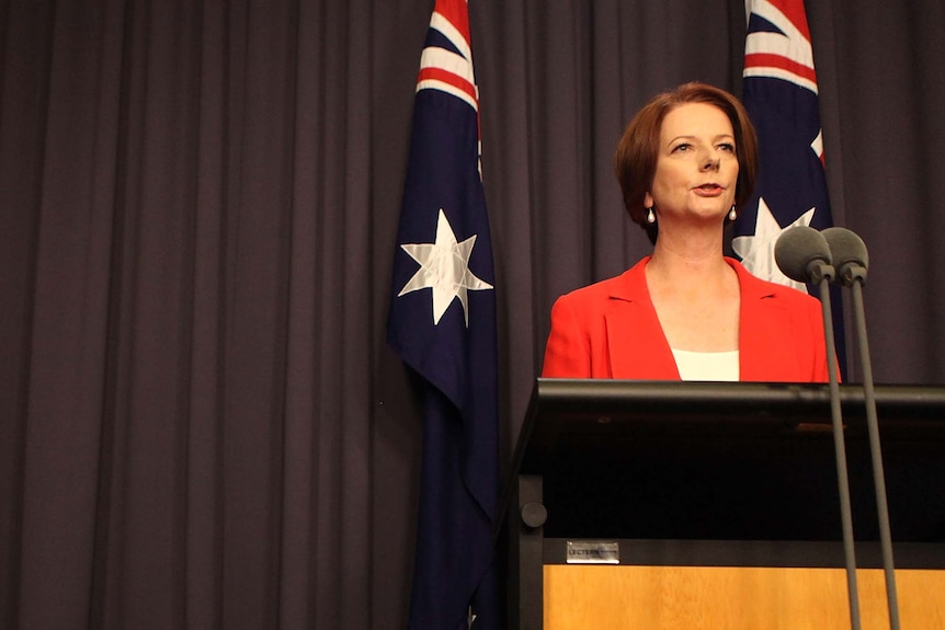 Julia Gillard speaks to the media after winning a resounding victory (71-31) in the Labor leadership ballot