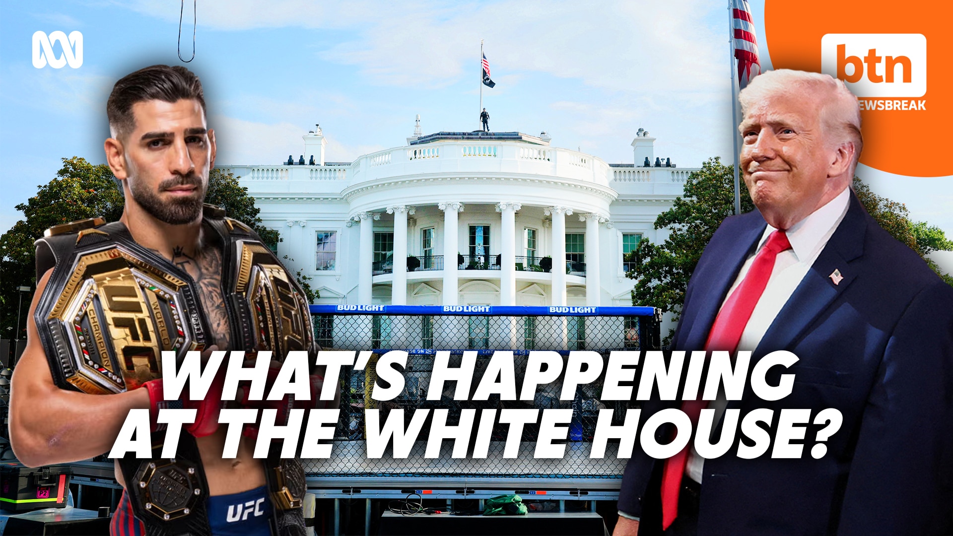 Image of American President Donald Trump and a pro-wrestler with the White House in the background.