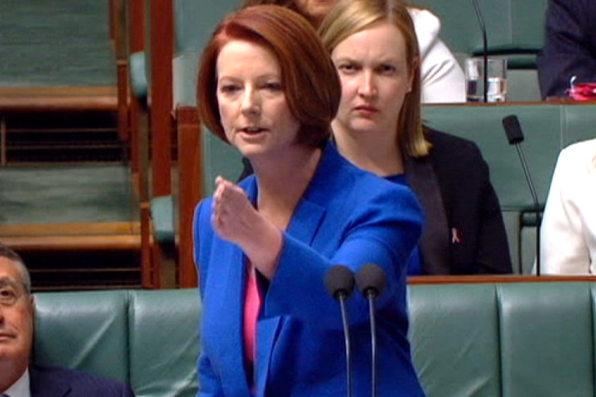 The Prime Minister Julia Gillard gestures as she speaks in Parliament during Question Time.