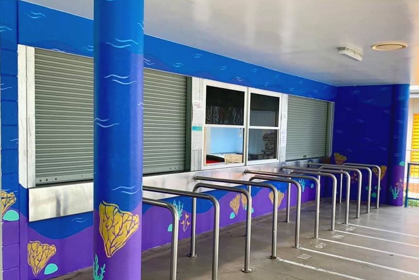 A Queensland school tuckshop with its shutters down.