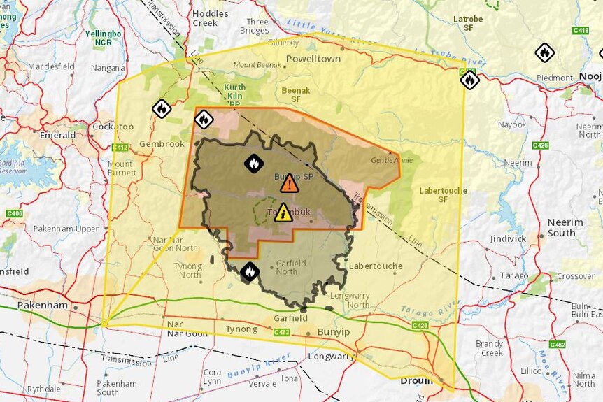 A map shows the Bunyip State Park and the surrounding areas and the sections with fire warnings.
