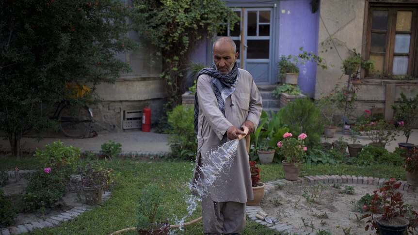 An Afghan man watering his plants in his garden in Kabul.