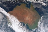 A satellite image of Australia featuring a rain-bearing cloud band stretching across much of Western Australia.