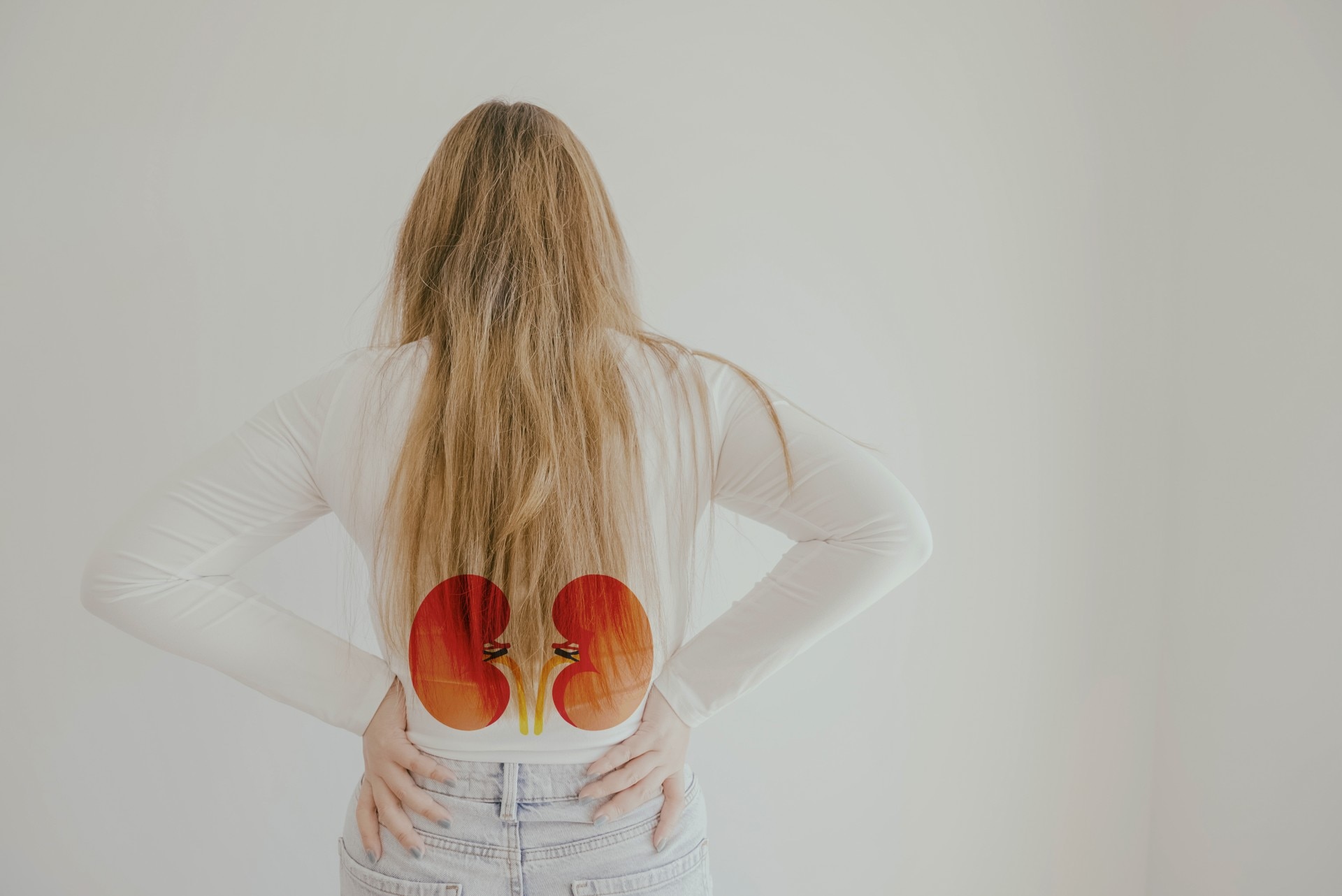 A woman, hands on hips and shown from behind, with kidney illustrations