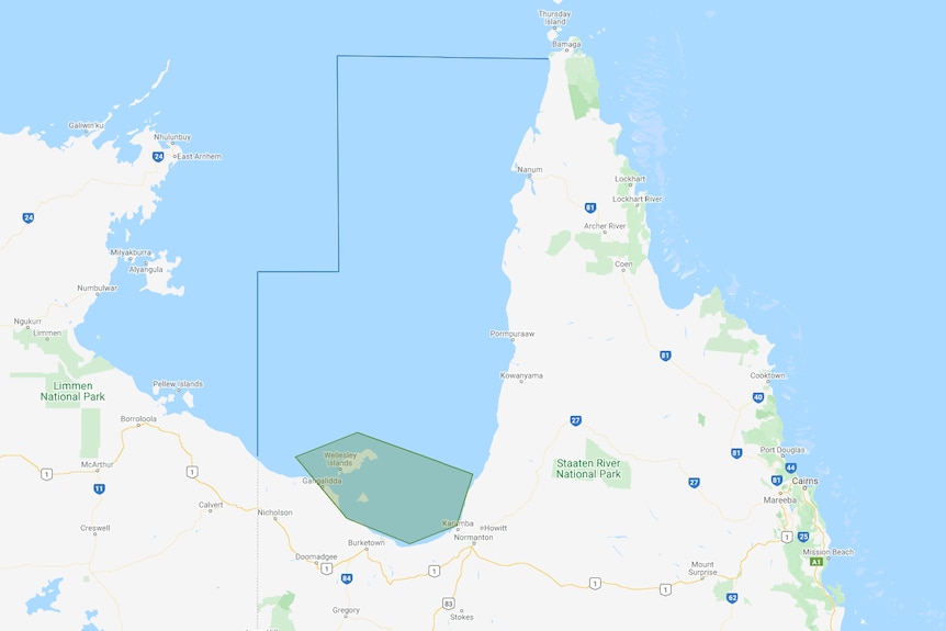 A map showing a green shape around Mornington Island