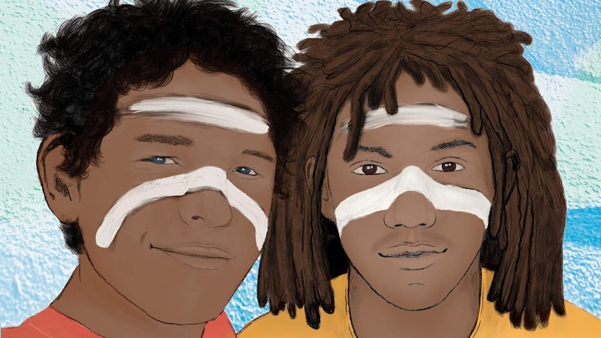 A drawing of two young Indigenous men, one with short hair, one with dresdlocks. They both have white facepaint patterns