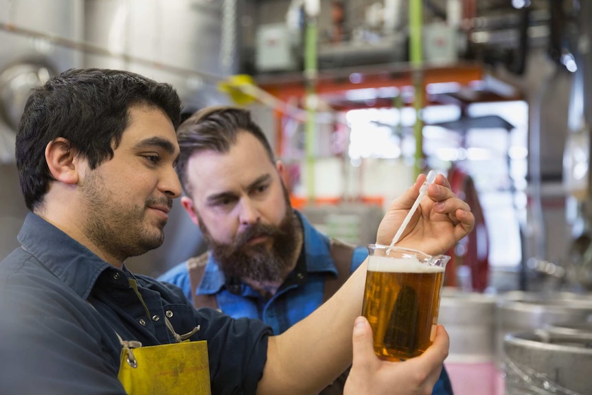 Due uomini che testano la birra in un birrificio