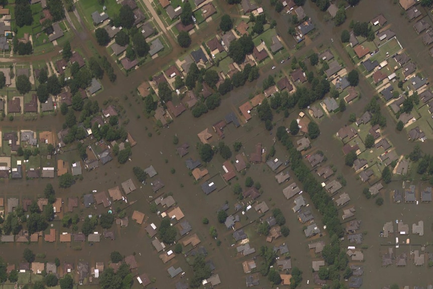 Satellite imagery shows floodwaters swamping suburban homes in Louisiana.