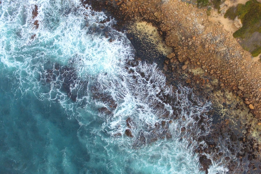 An aerial shot of the rocky coastline at Cowaramup Bay, Gracetown in WA's South West.