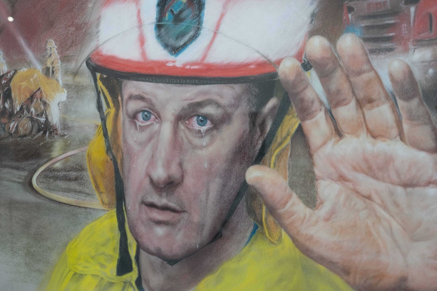 Drawing of a firefighter with tears in his eyes holding up his hand