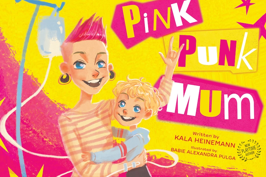 A cartoon book cover in bright yellow and pink of a woman holding a small boy. There is medical equipment hooked up to her.