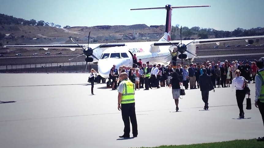 The QantasLink turbo-prop dubbed "Darling Downs" arrives at Brisbane West Wellcamp Airport near Toowoomba.