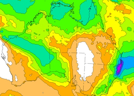 Map of Australia with green through the west, north and along east coast