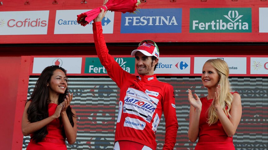 Daniel Moreno wears the leader's red jersey after stage nine at the Tour of Spain