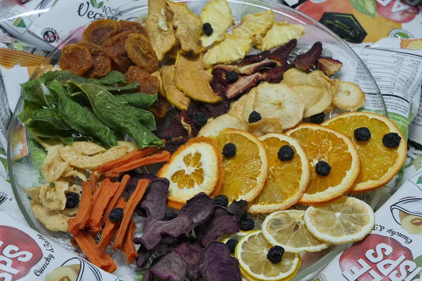 A plate of dried fruit and vegetables 
