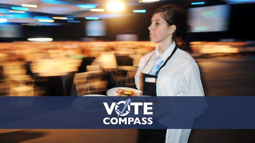 Composite image shows a hospitality industry worker with the Vote Compass logo superimposed over the top.