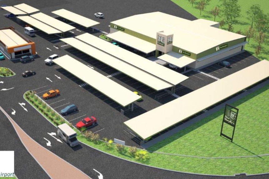 An aerial artist's impression of a Dan Murphy's store with a surrounding carpark.