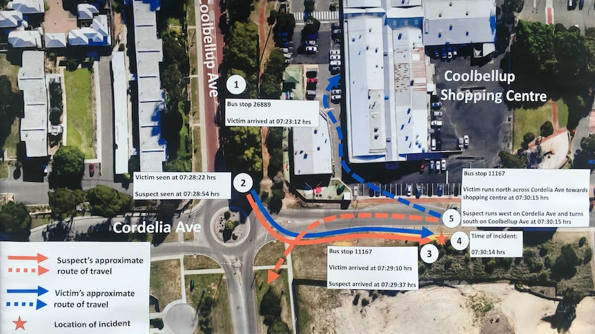 A map of streets in Coolbellup with the routes of two people shown in orange and blue.