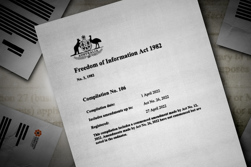 A graphic with the front page of the Freedom of Information Act 1982 and other pages behind it