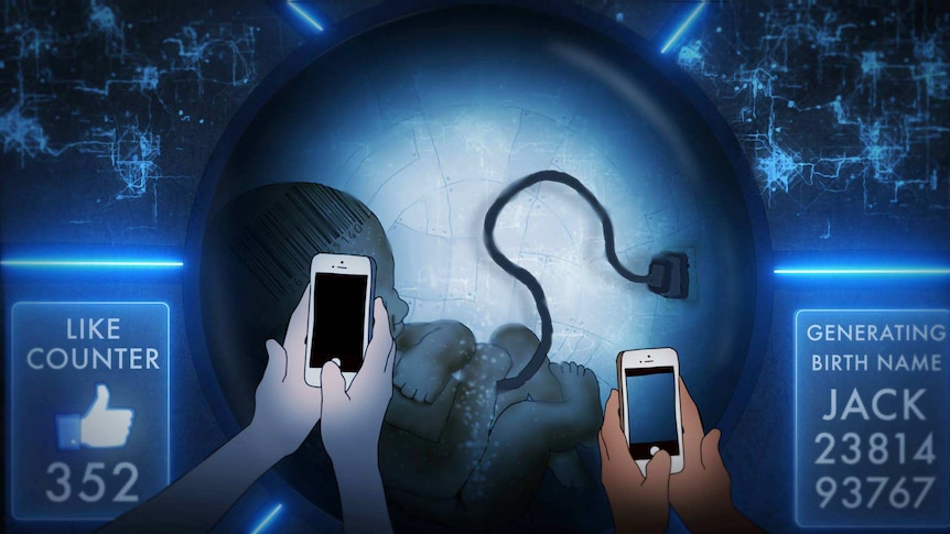 A still frame from the hand-drawn short film iRony showing hands holding mobile phones with a baby and an electrical cord.