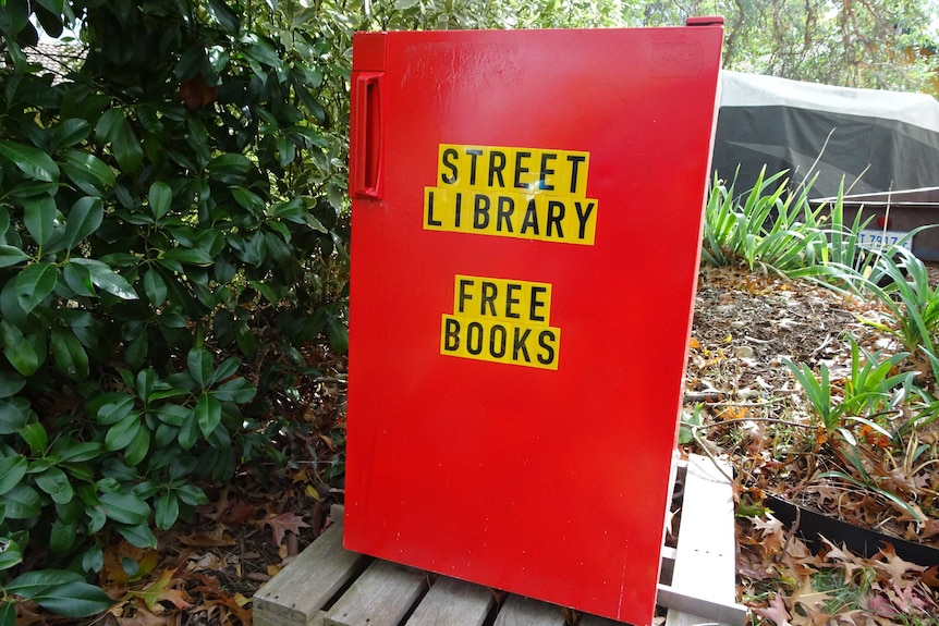 A red fridge street library.