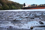 Oil covered debris sits in front of a grounded ship in the Solomon islands.