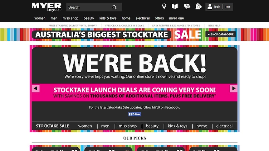 The Myer website back online after being down for more than a week after Christmas.