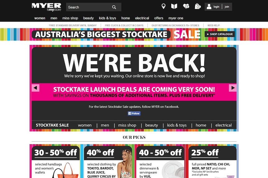The Myer website back online after being down for more than a week after Christmas.