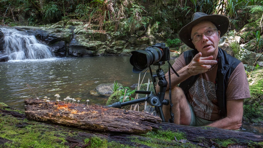 A man squatting behind a camera in a front of a creek and next to fungi.