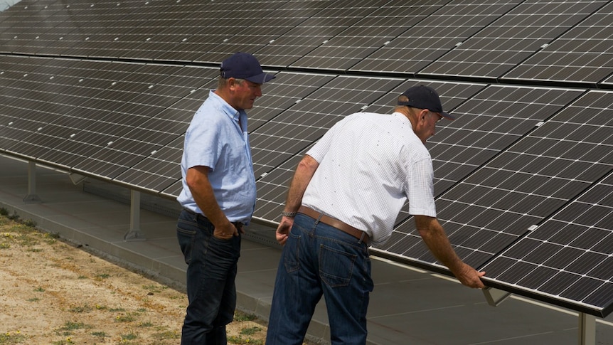 Two men inspect solar panels that have bee installed on their farm