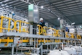 A man with a helmet on is standing inside a processing plant.