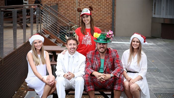 Image of Rebecca Slade, Neil Webster, Jess Pinkerton, Al Michaelis and Katie Mazzoni in Christmas outfits