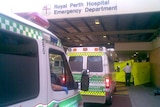 A line of ambulances with injured asylum seekers queue up at Royal Perth Hospital