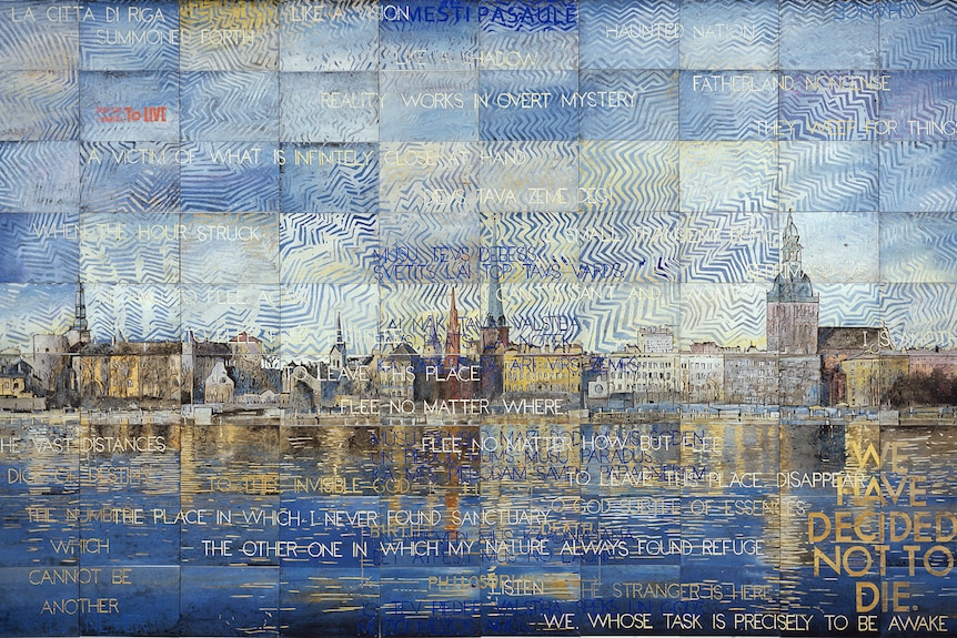 A painting made up of many panels that depicts the skyline of a european city with text overlaid