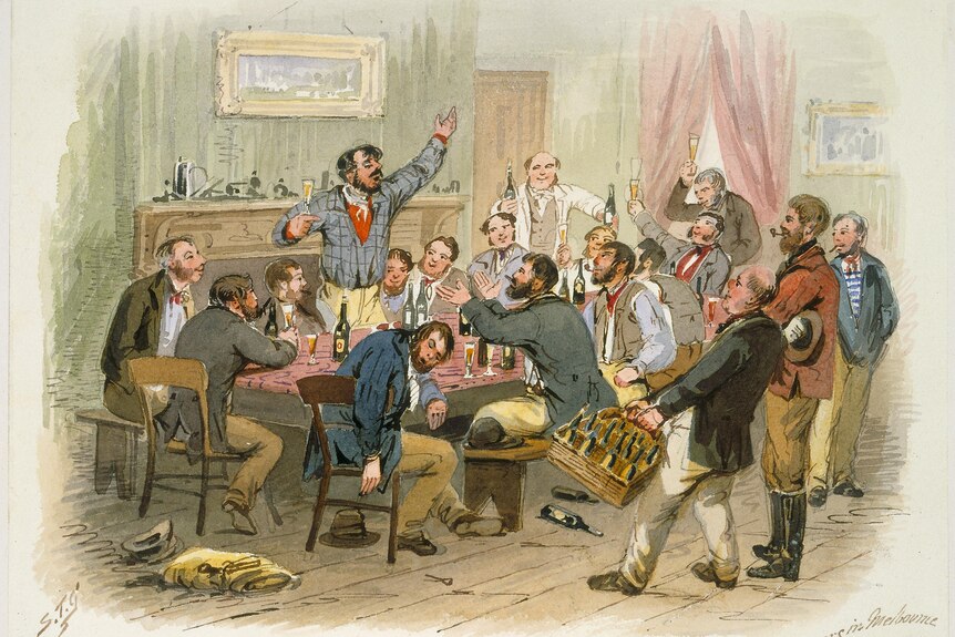 An historical sketch of drunk men around a table