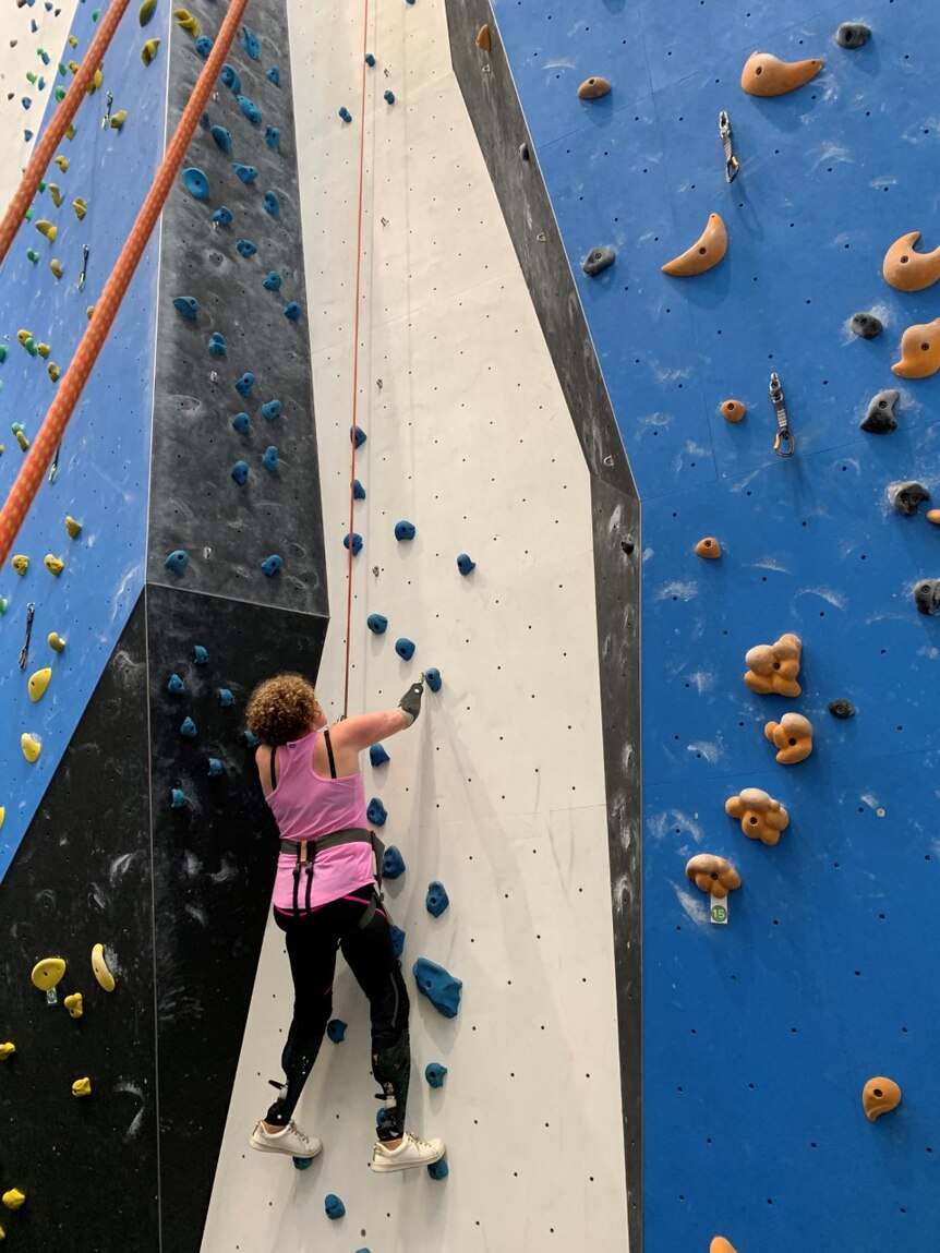 Woman climbs indoor rock wall