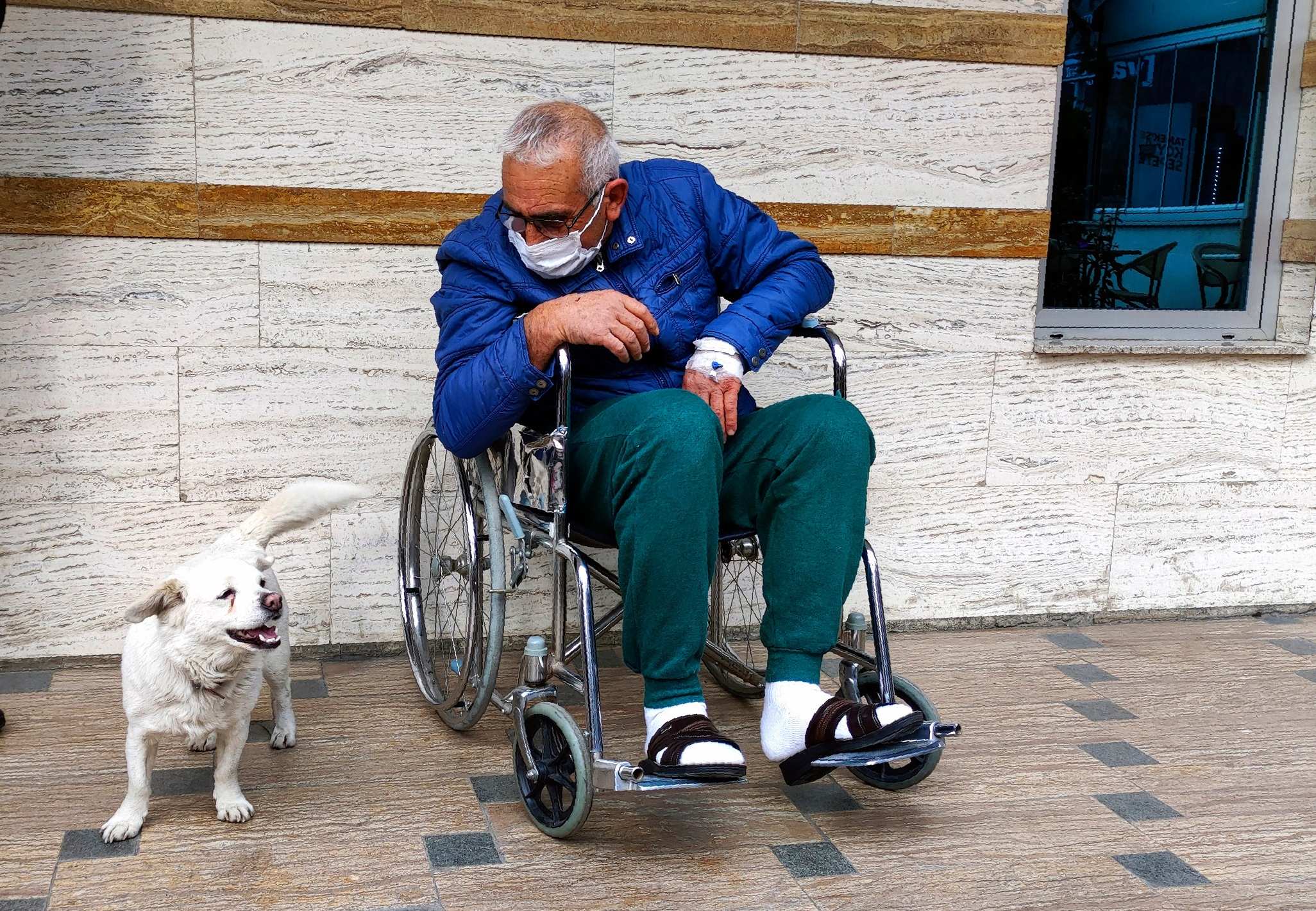 Cemal Senturk (right) wearing a blue jacket and green pants looks down at his dog Boncuk