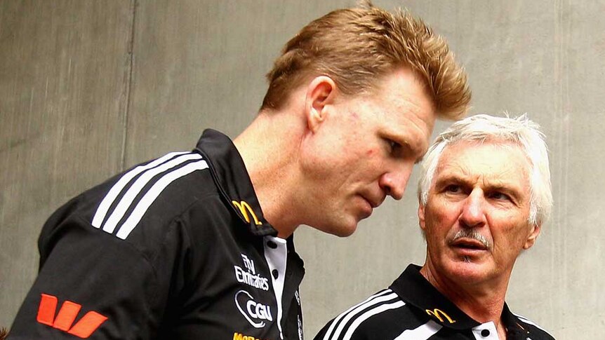 Former colleagues ... Nathan Buckley (L) and Mick Malthouse during their days together at the Magpies