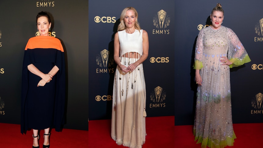 Coleman wears a black and orange dress, Anderson in a boho white design, Fennell in a sheer silver gown.