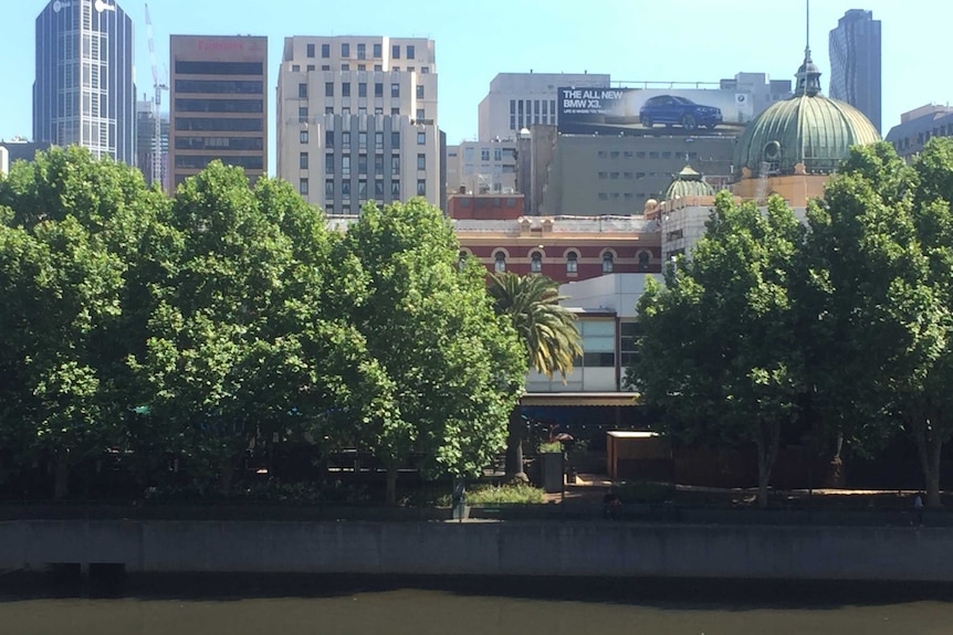 Heritage building viewed from across river, city in background.