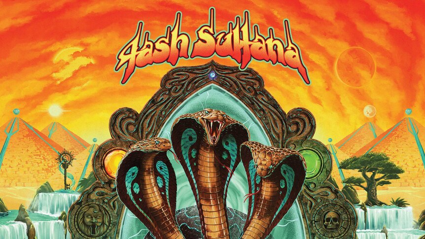 Album artwork of three snakes with gold pyramids in the background.