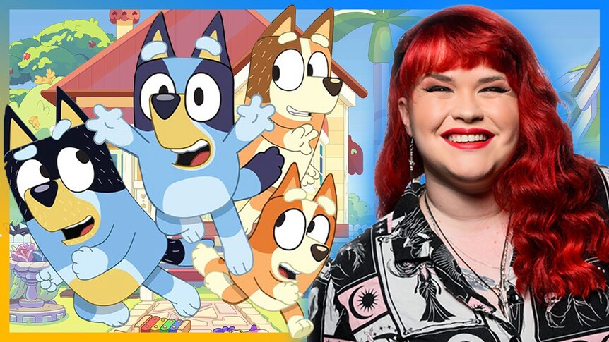 Gem smiling on the right of image with Bluey, Bandit, Chile and Bingo from Bluey: The vidoe game on the left.